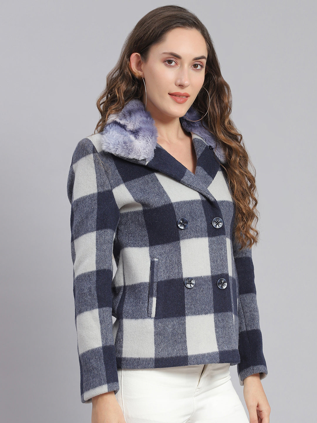 Women Blue Check Collar Full Sleeve Coats