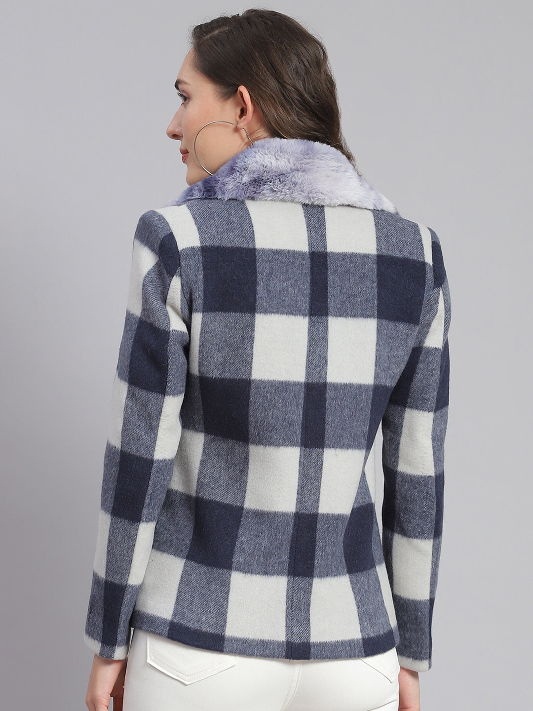 Women Blue Check Collar Full Sleeve Coats