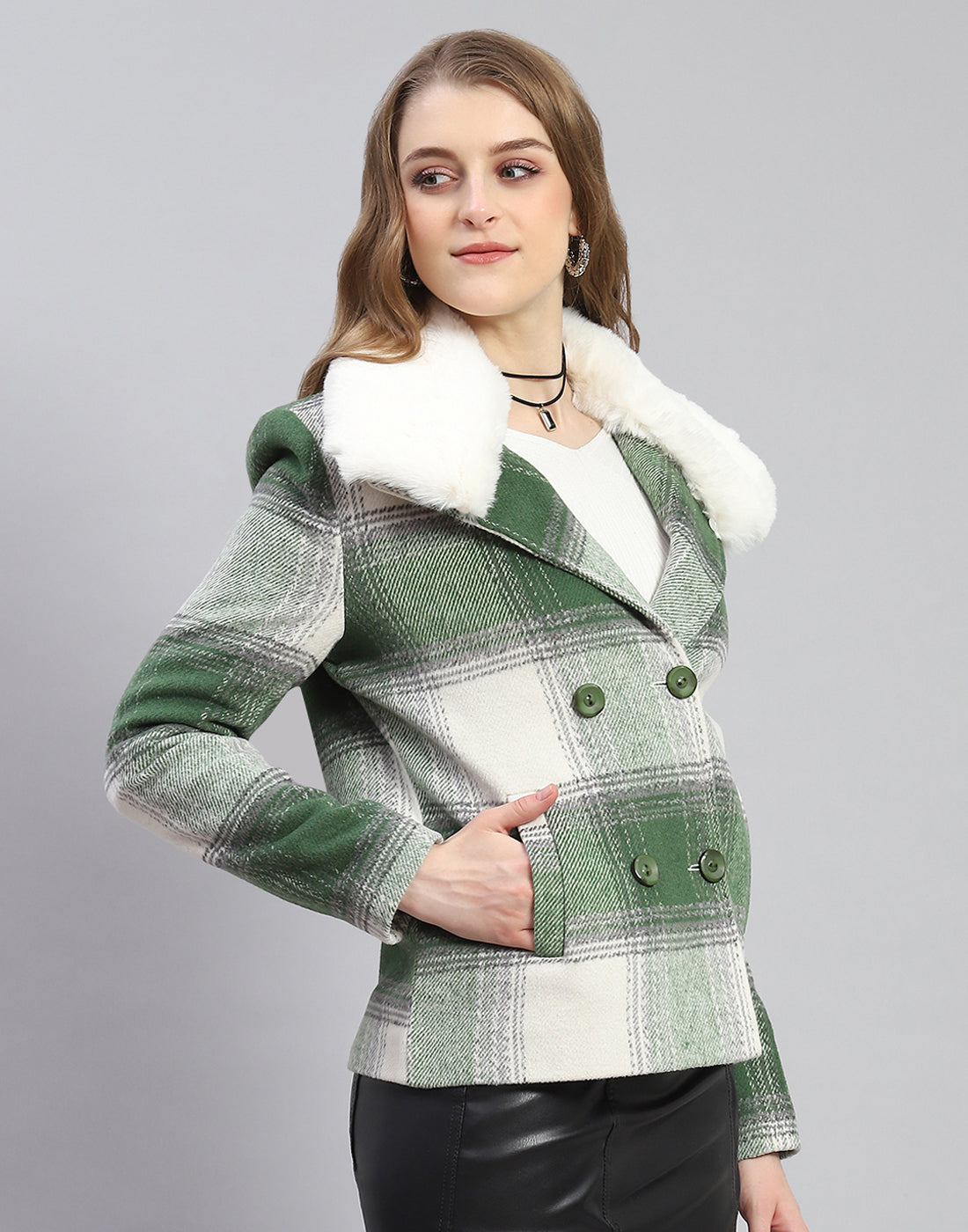 Women Green Check Collar Full Sleeve Coat