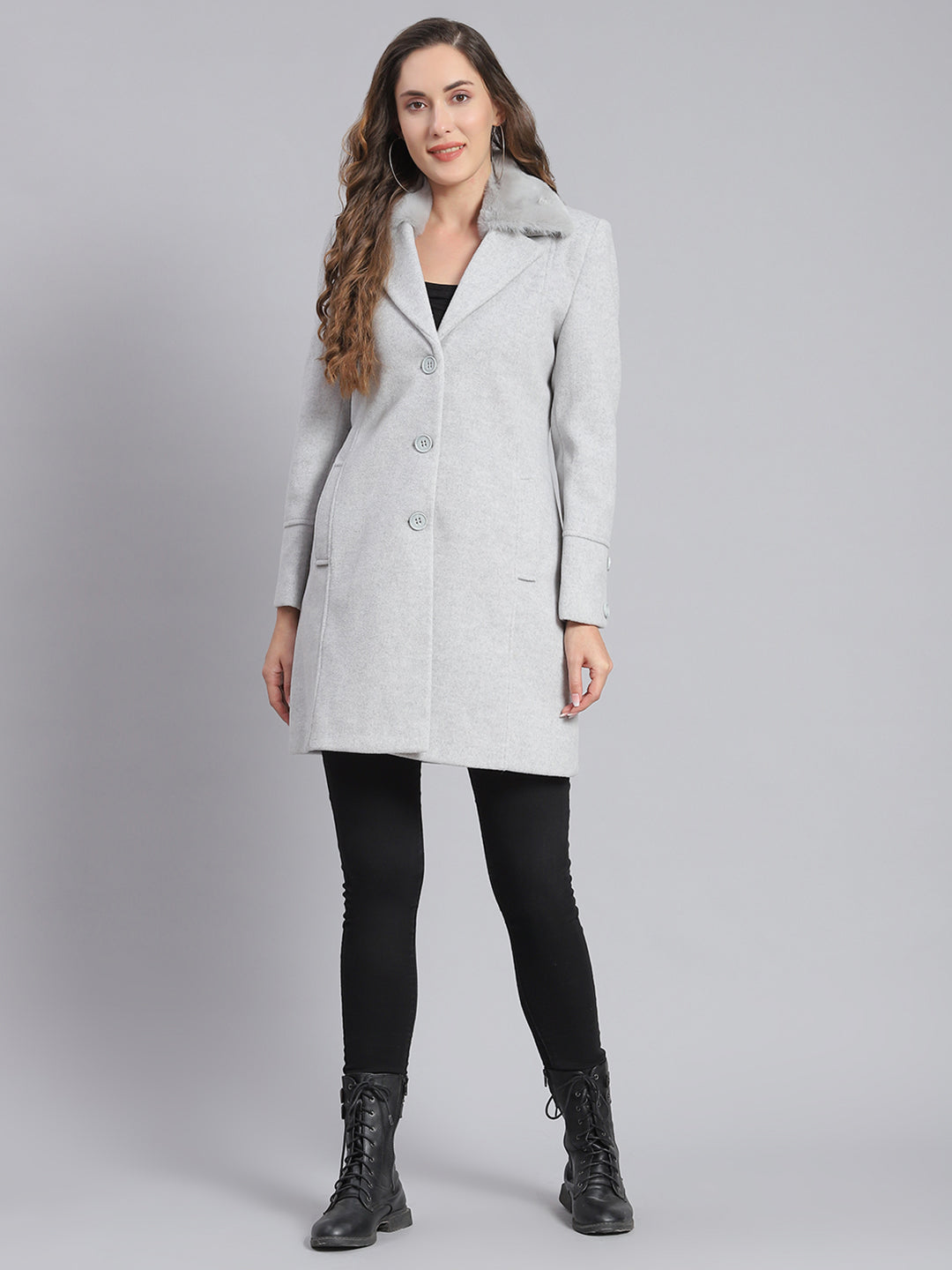 Women Grey Solid Lapel Collar Full Sleeve Coats