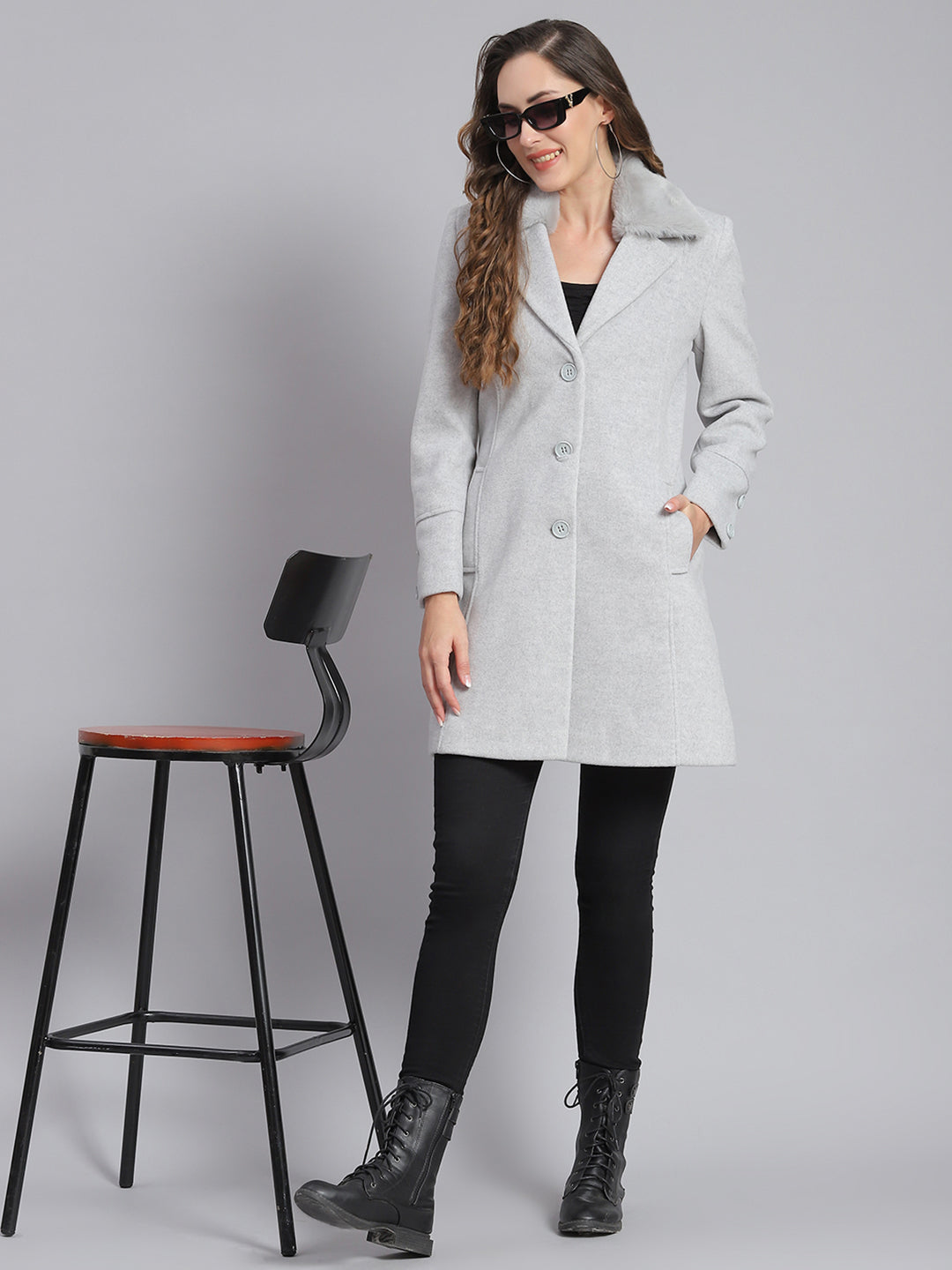 Women Grey Solid Lapel Collar Full Sleeve Coats