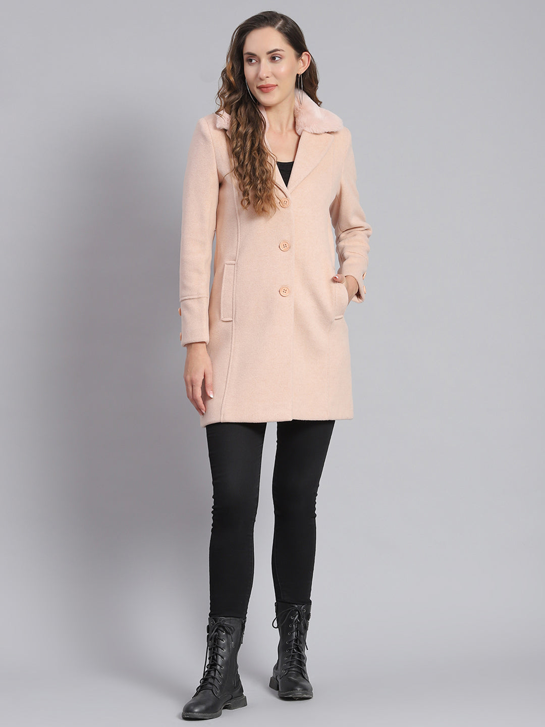 Women Pink Solid Lapel Collar Full Sleeve Coats