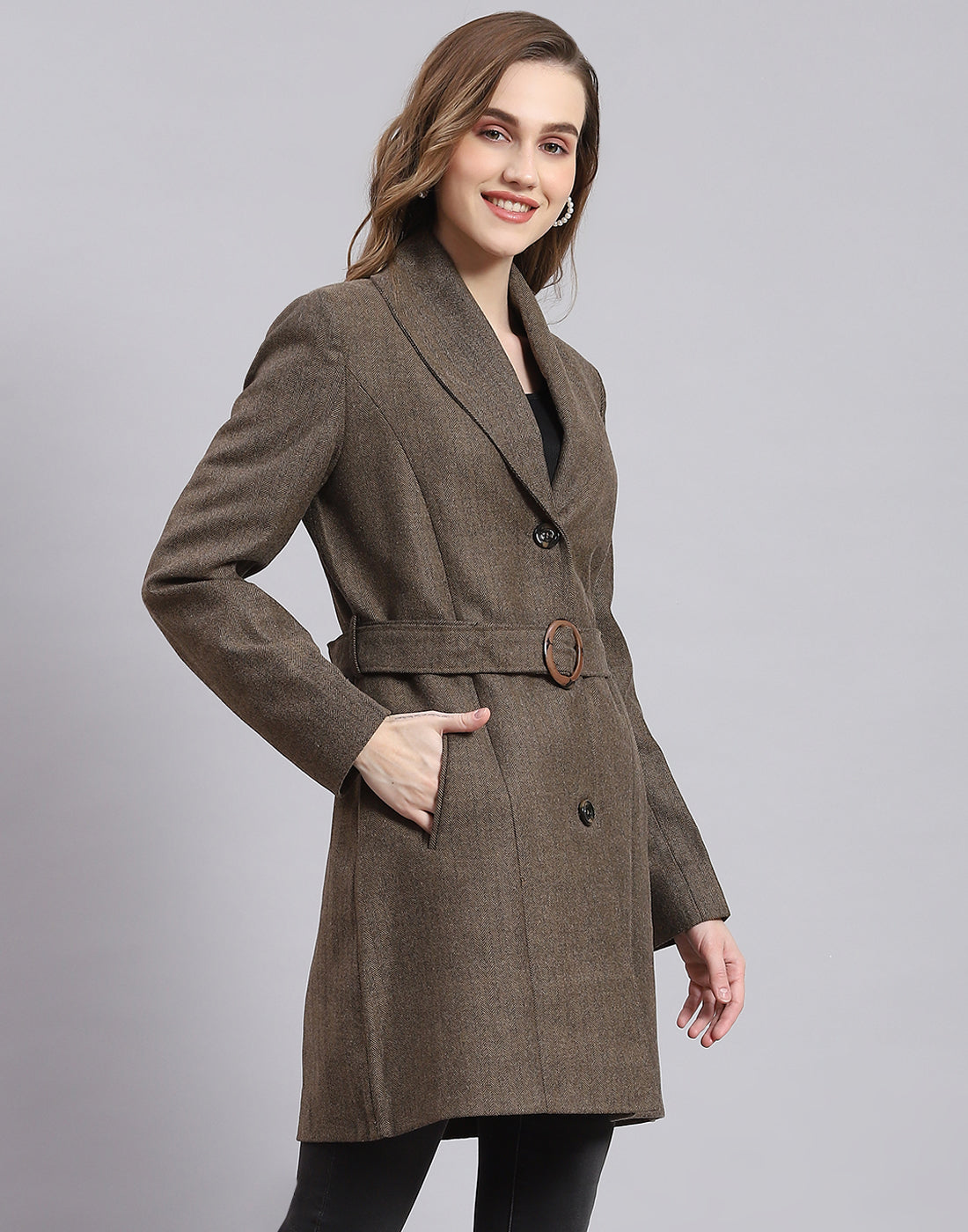 Women Brown Solid Lapel Collar Full Sleeve Coat