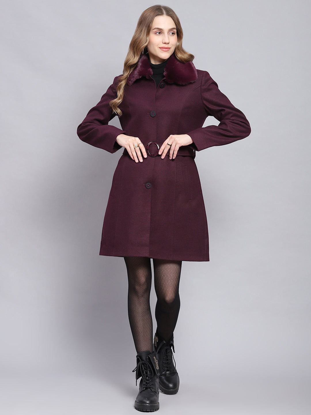 Women Maroon Solid Collar Full Sleeve Coats