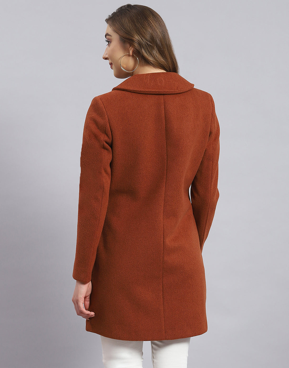 Women Rust Solid Collar Full Sleeve Coat