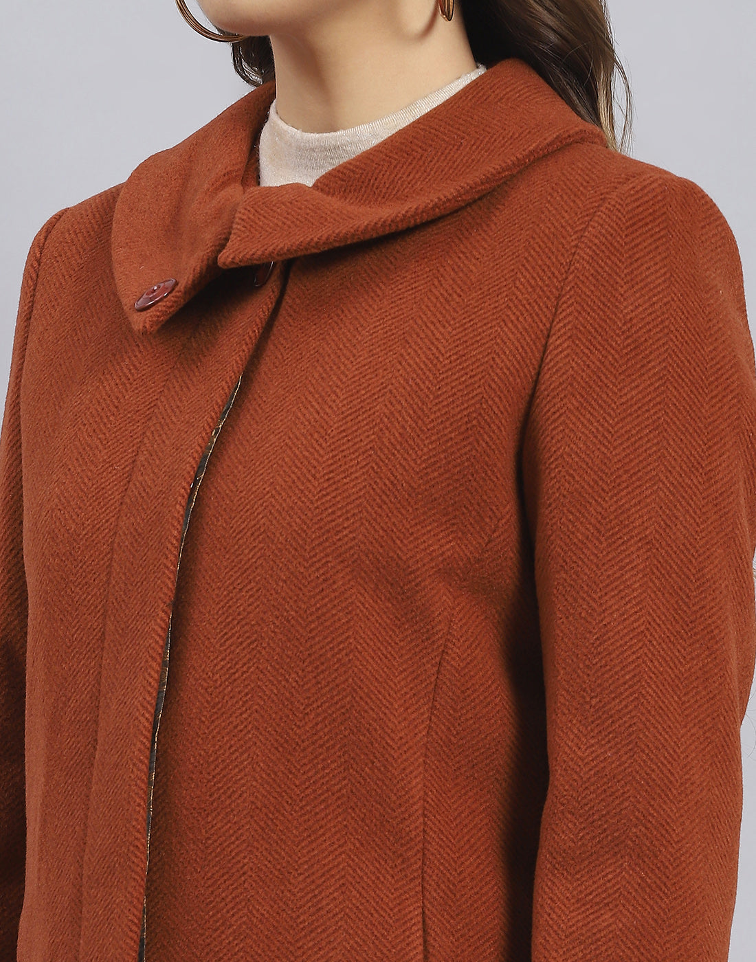 Women Rust Solid Collar Full Sleeve Coat