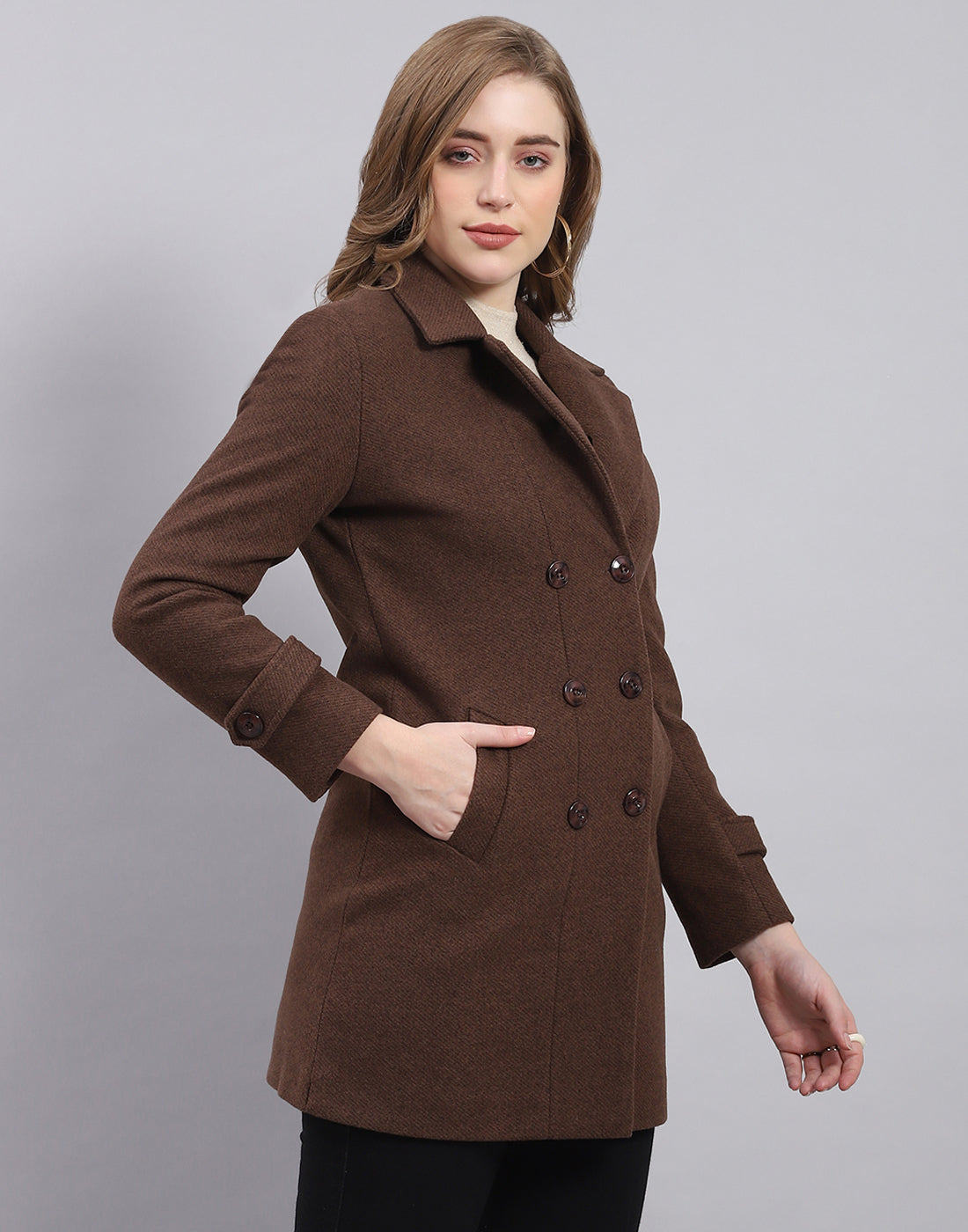 Women Brown Solid Lapel Collar Full Sleeve Coat
