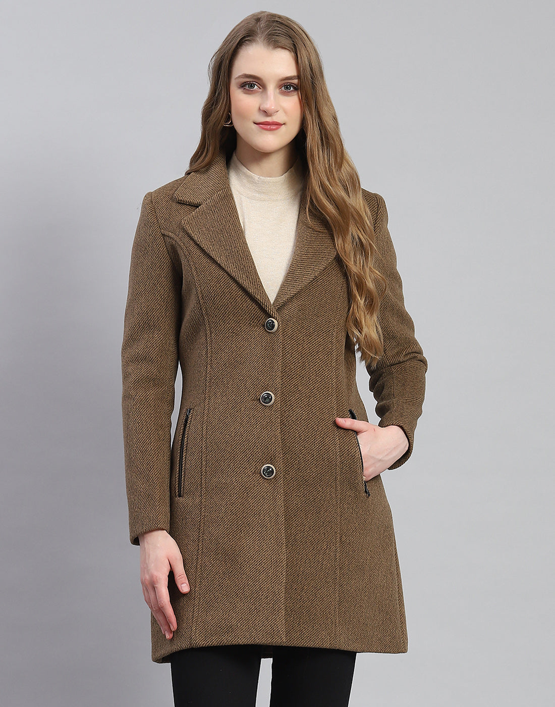 Women Khaki Solid Lapel Collar Full Sleeve Coat
