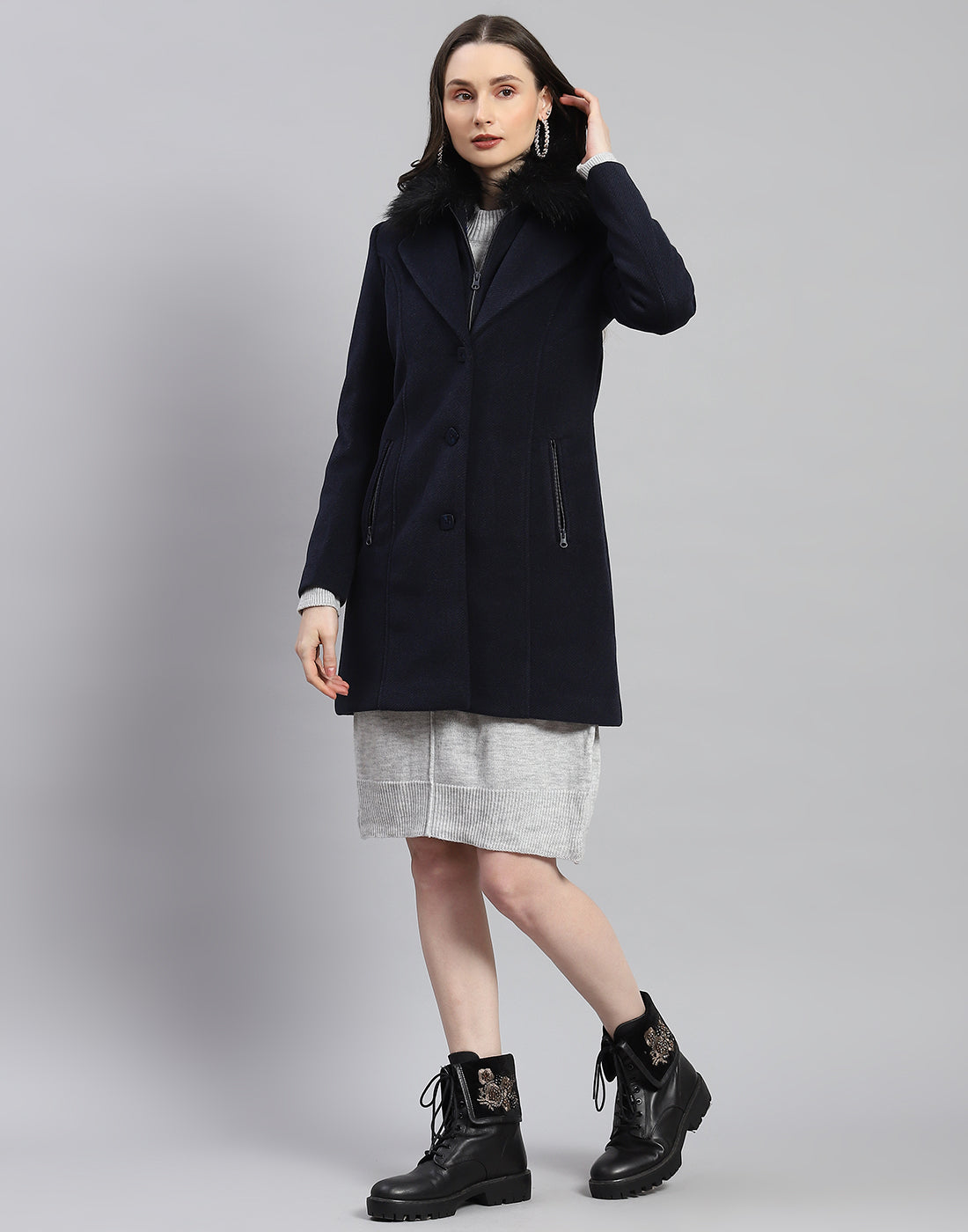 Women Navy Blue Self Design Lapel Collar Full Sleeve Coat