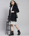 Women Navy Blue Self Design Lapel Collar Full Sleeve Coat