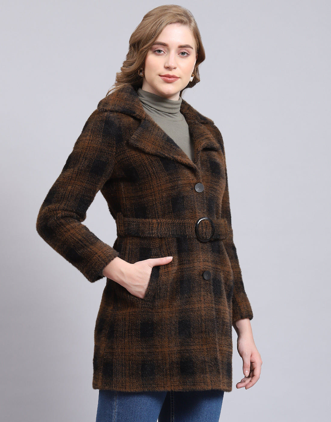 Women Brown Check Lapel Collar Full Sleeve Coat