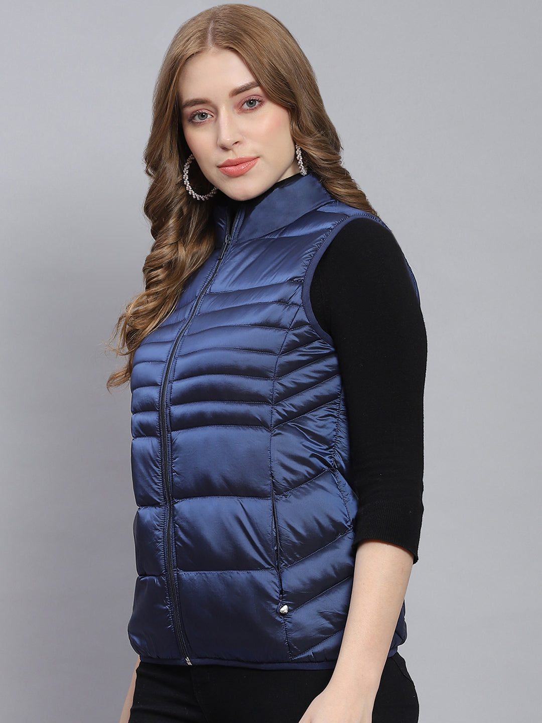 Women Blue Solid Stand Collar Sleeveless Jackets