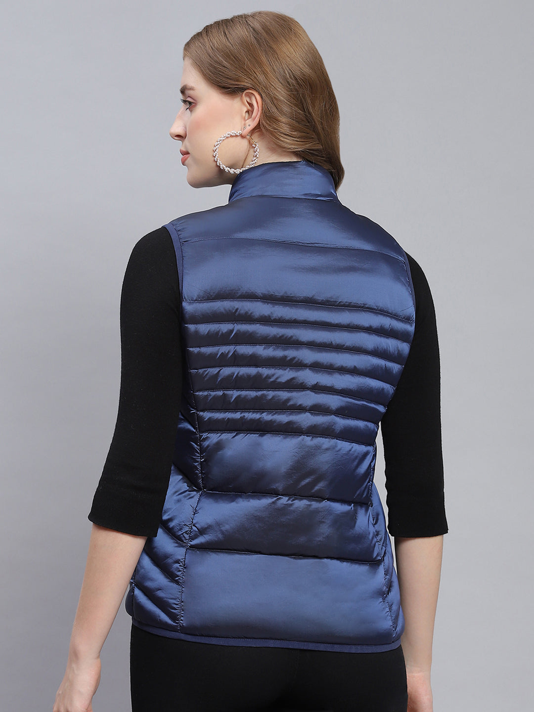Women Blue Solid Stand Collar Sleeveless Jackets