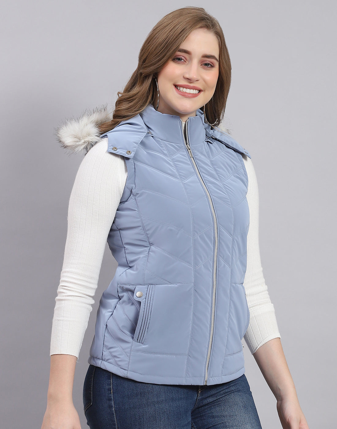 Women Blue Solid Hooded Sleeveless Jacket