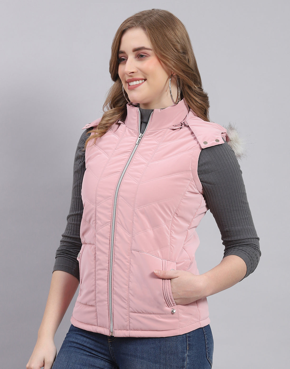 Women Pink Solid Hooded Sleeveless Jacket