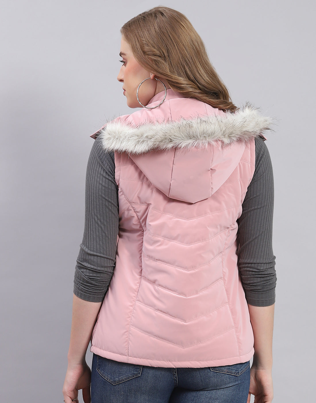 Women Pink Solid Hooded Sleeveless Jacket
