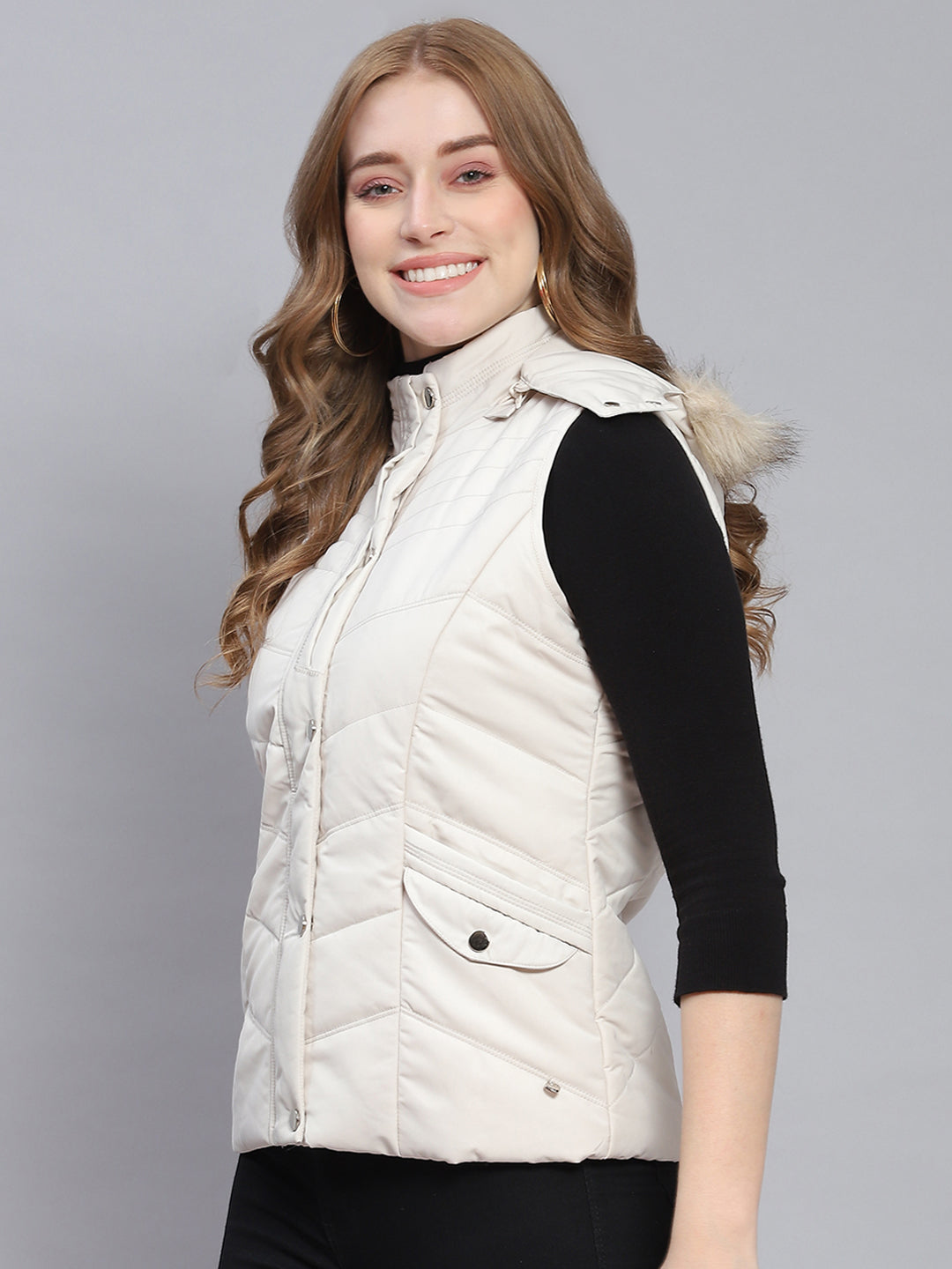 Women Off White Solid Hooded Sleeveless Jackets