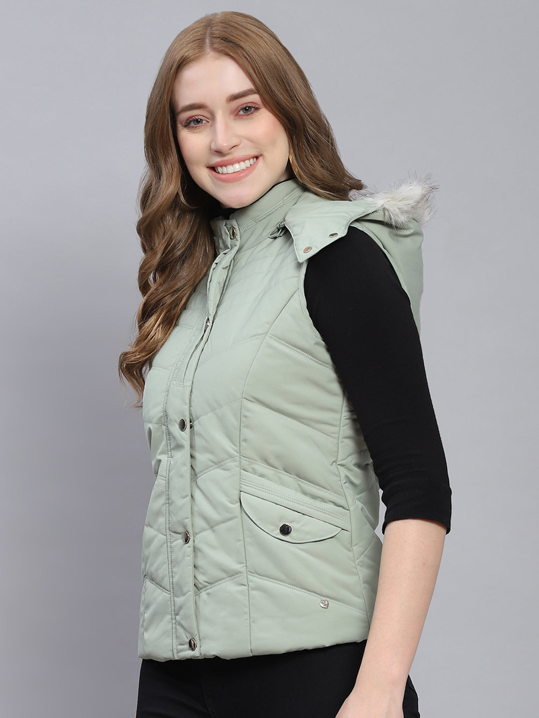 Women Green Solid Hooded Sleeveless Jackets