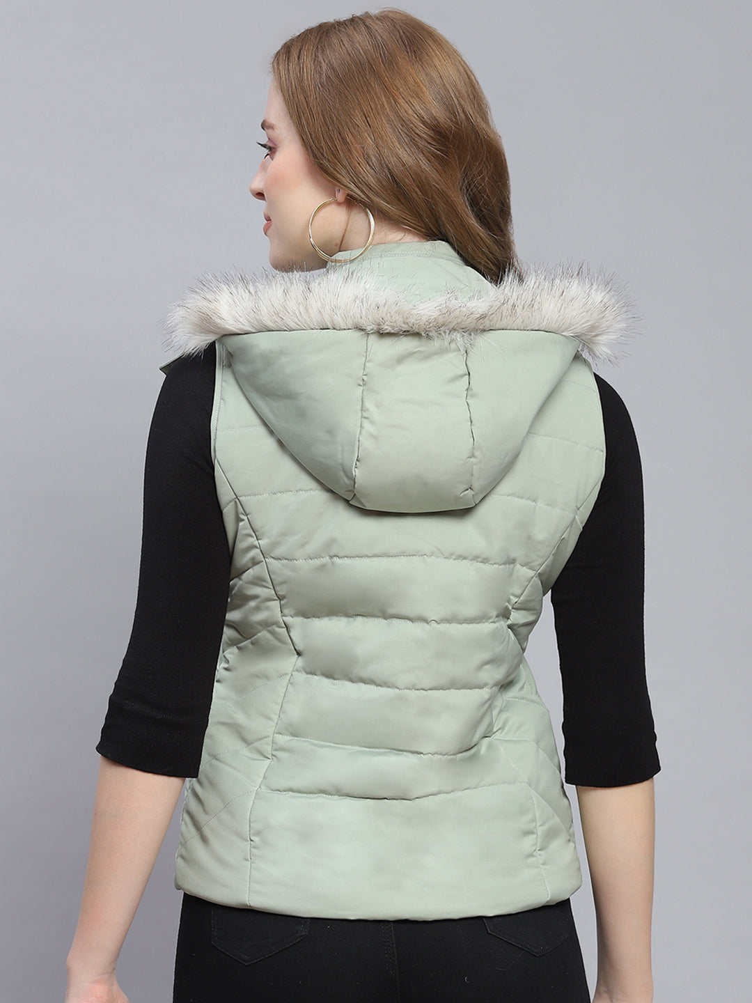 Women Green Solid Hooded Sleeveless Jackets