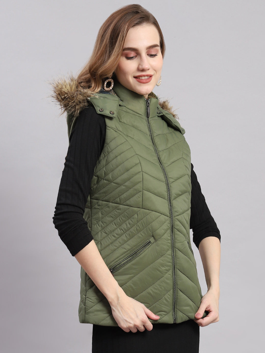 Women Olive Solid Hooded Sleeveless Jackets