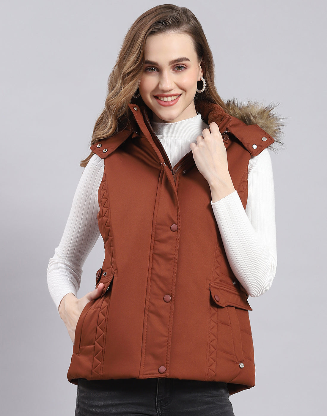 Women Rust Solid Hooded Sleeveless Jacket