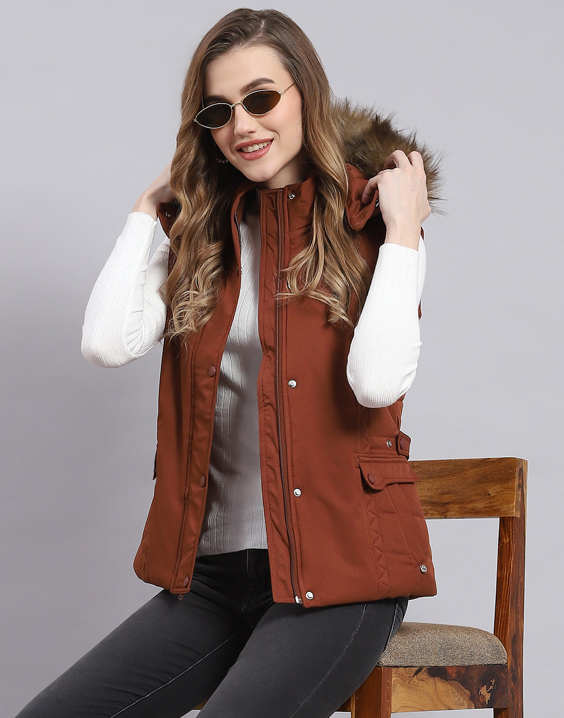 Women Rust Solid Hooded Sleeveless Jacket