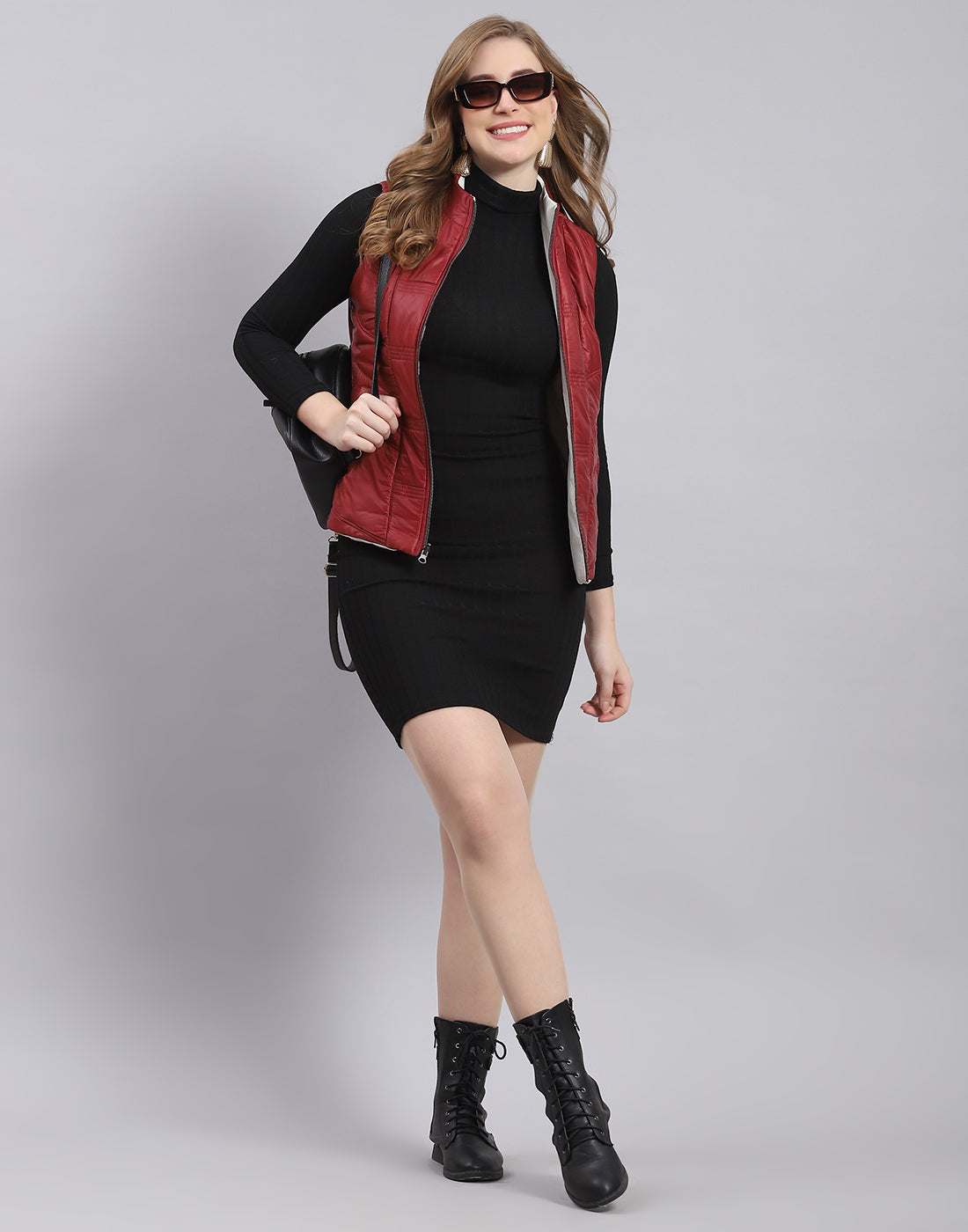 Women Maroon Solid Stand Collar Sleeveless Jacket