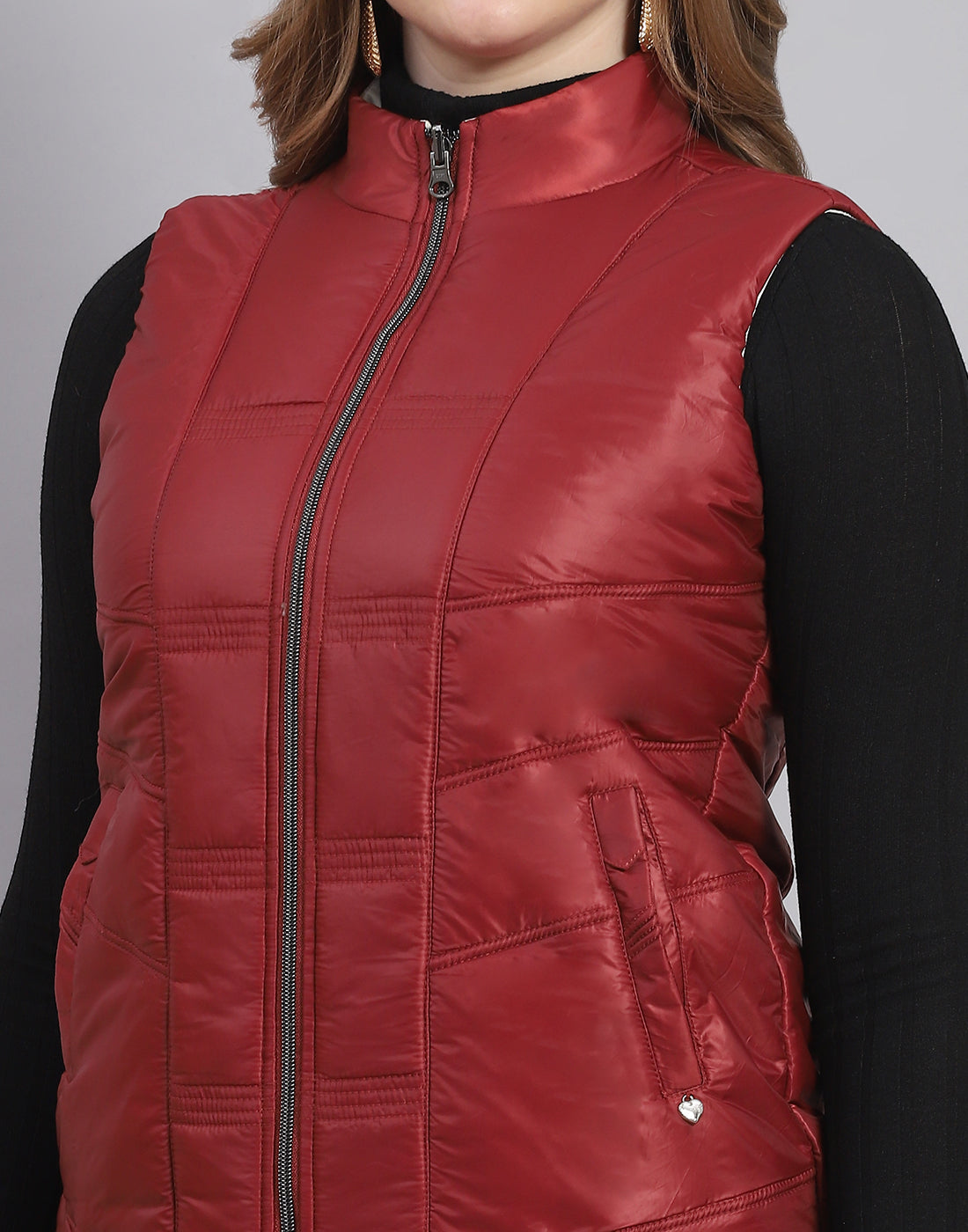 Women Maroon Solid Stand Collar Sleeveless Jacket