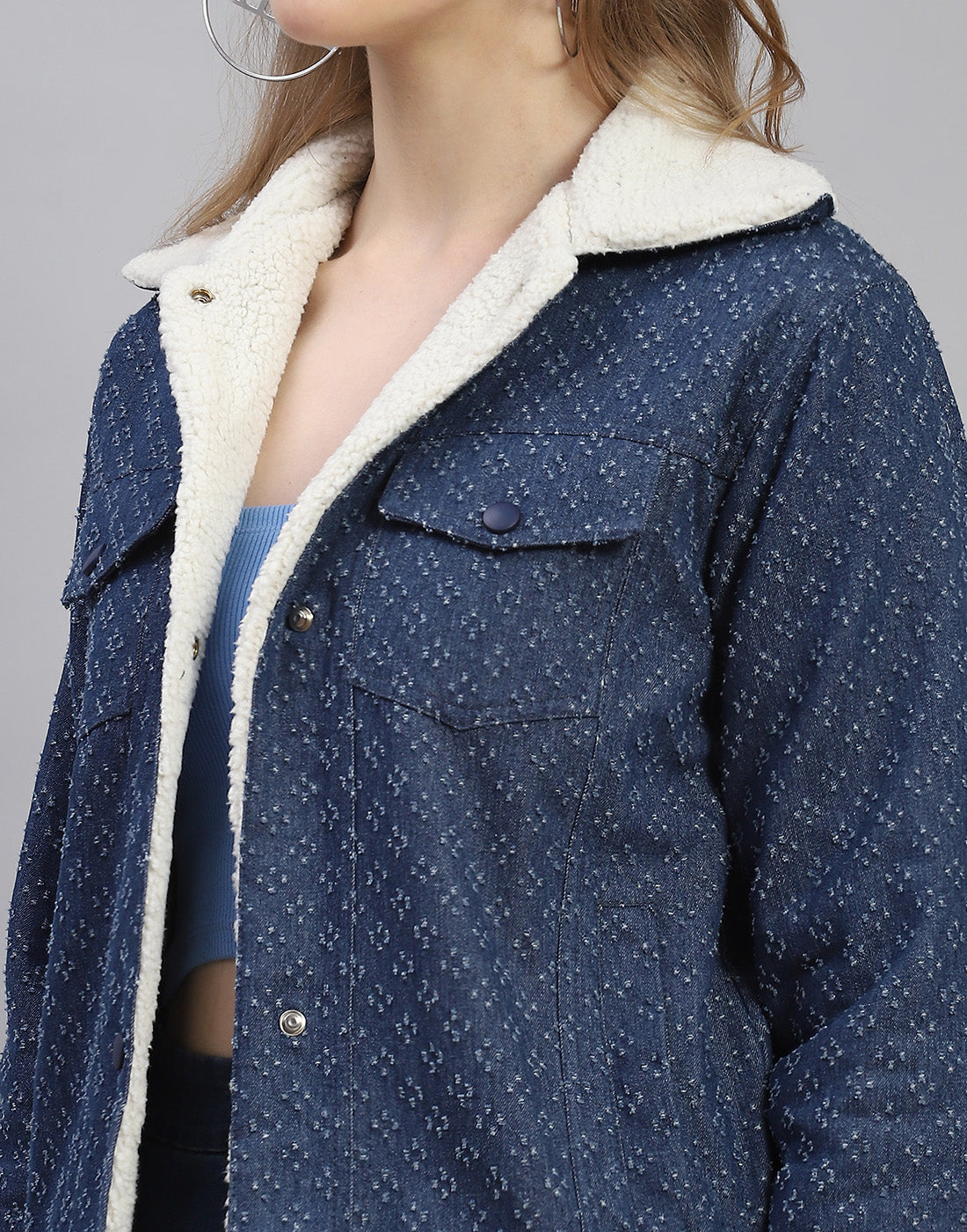 Women Navy Blue Self Design Collar Full Sleeve Jacket