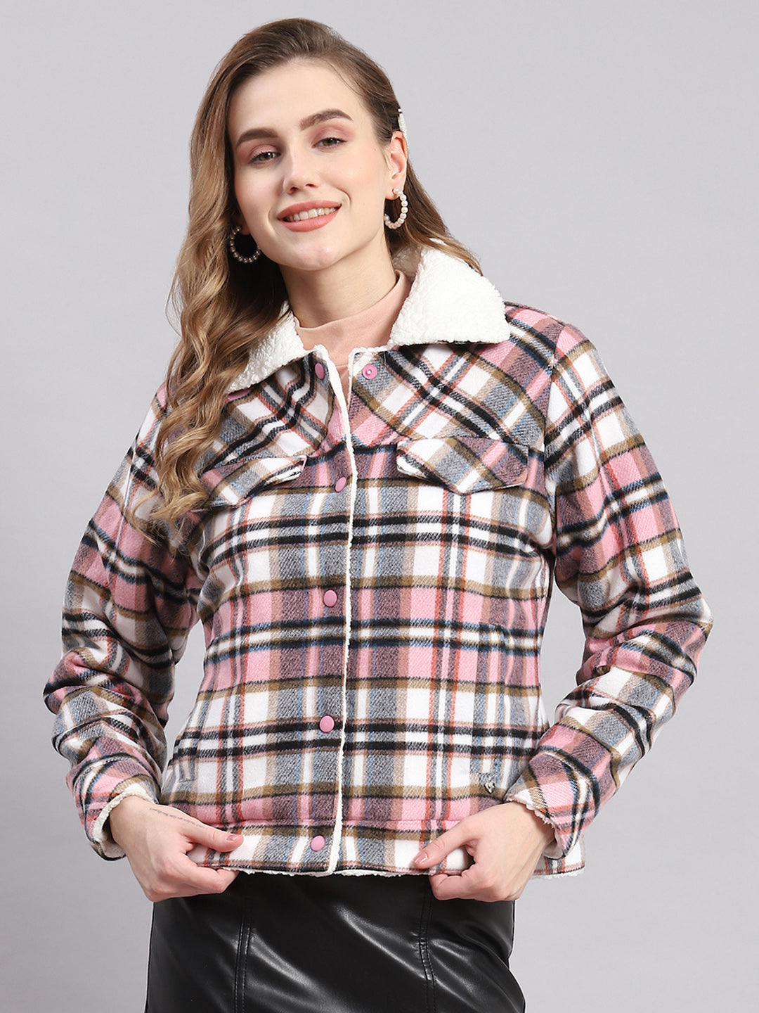 Women Pink Check Spread Collar Full Sleeve Jackets