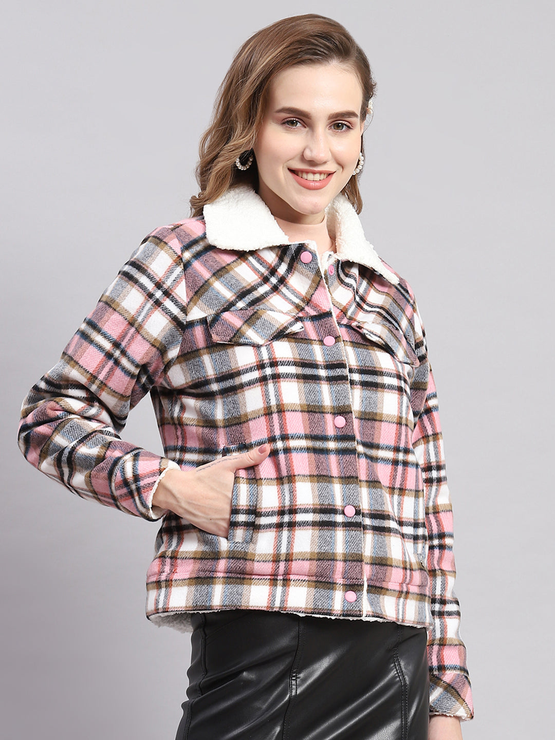 Buy Women Pink Check Spread Collar Full Sleeve Jackets Online in India ...