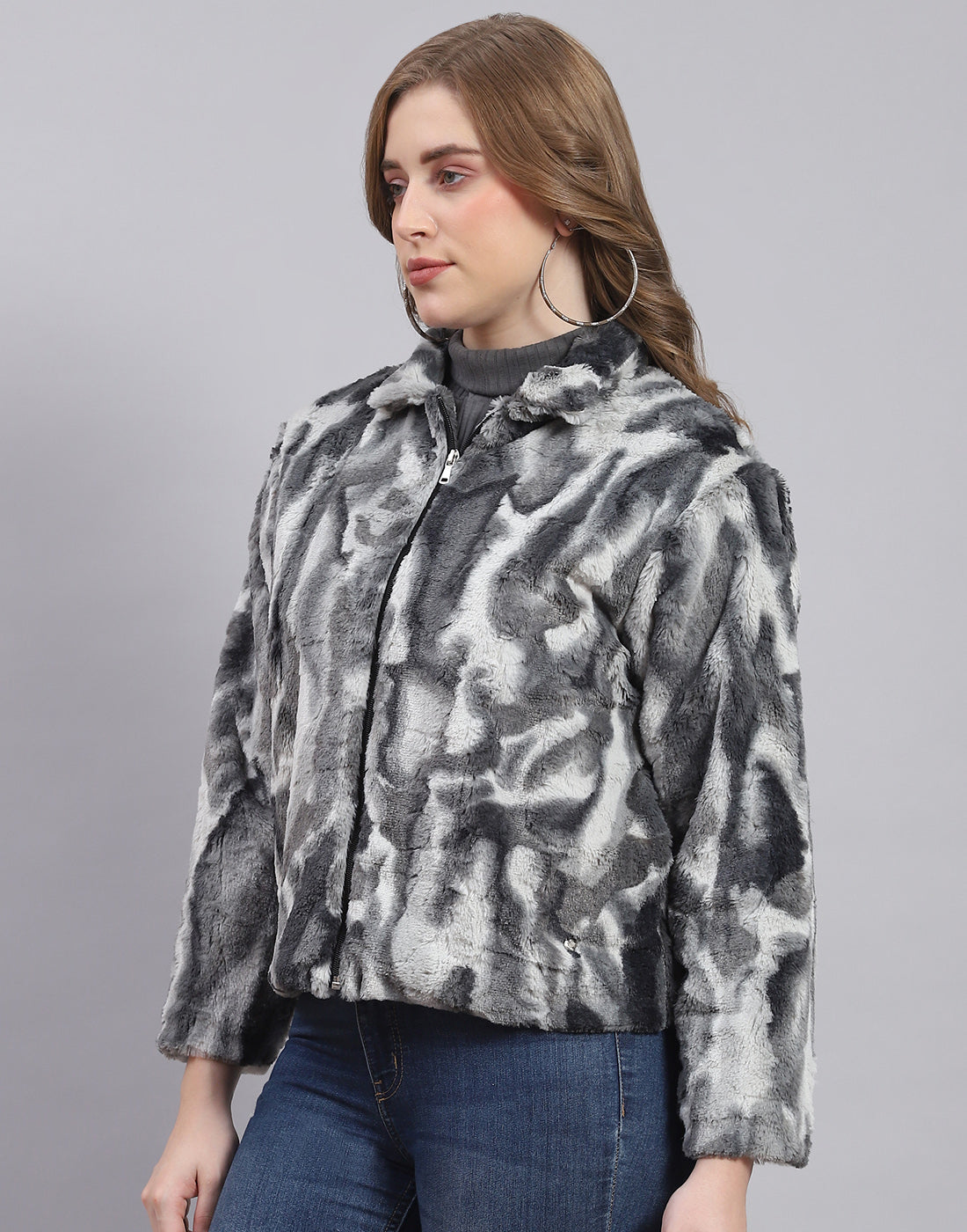Women Grey Printed Stand Collar Full Sleeve Jacket