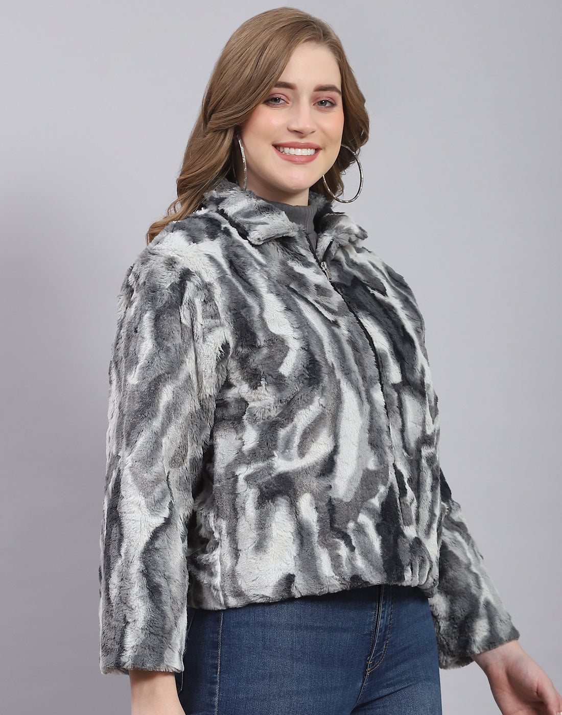 Women Grey Printed Stand Collar Full Sleeve Jacket