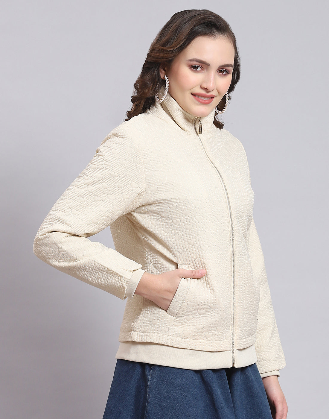Women Beige Solid Stand Collar Full Sleeve Jacket