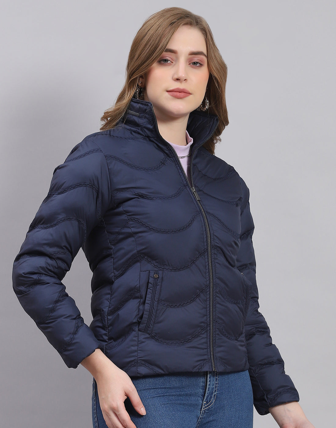 Women Navy Blue Solid Stand Collar Full Sleeve Jacket