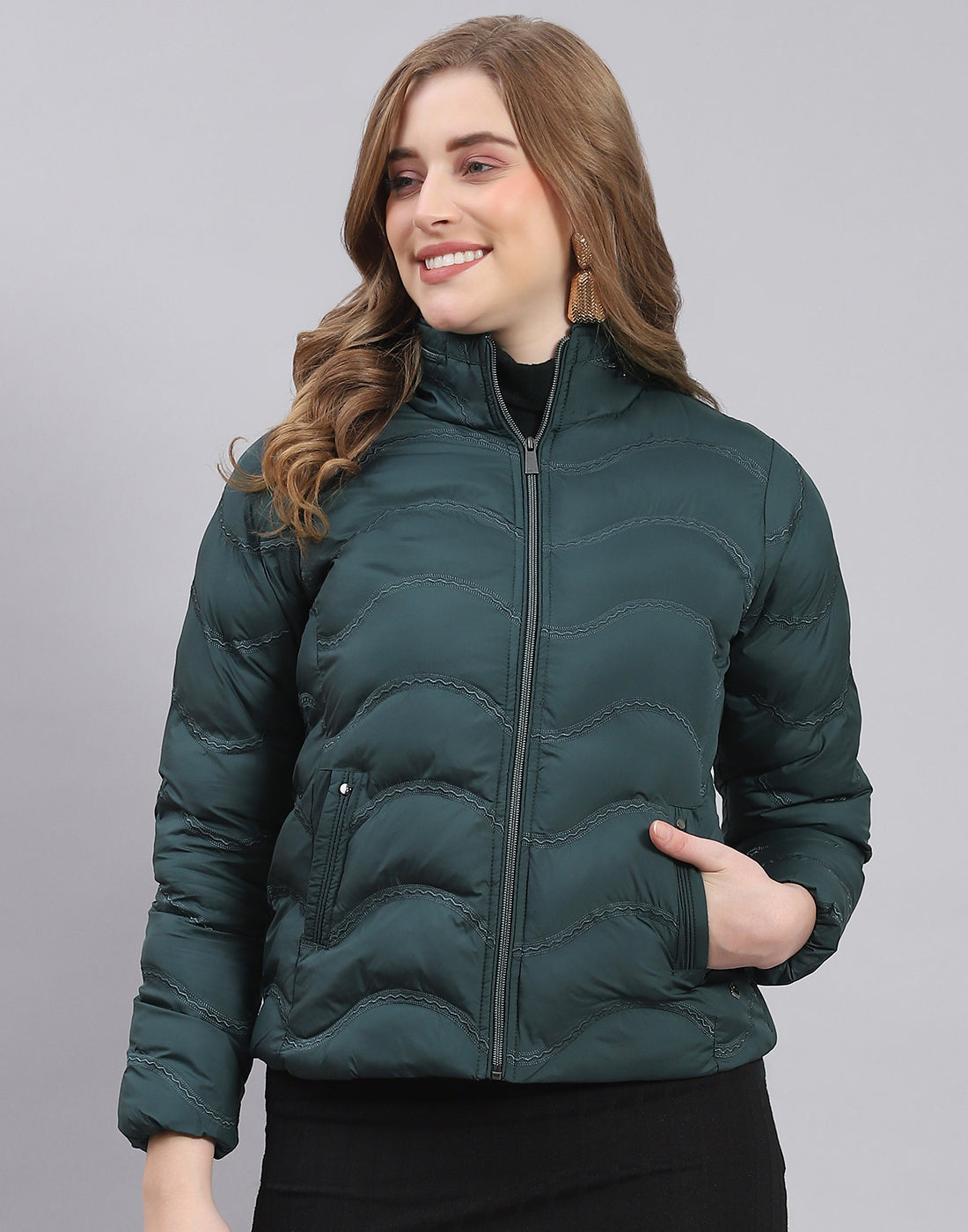 Women Teal Blue Solid Stand Collar Full Sleeve Jacket