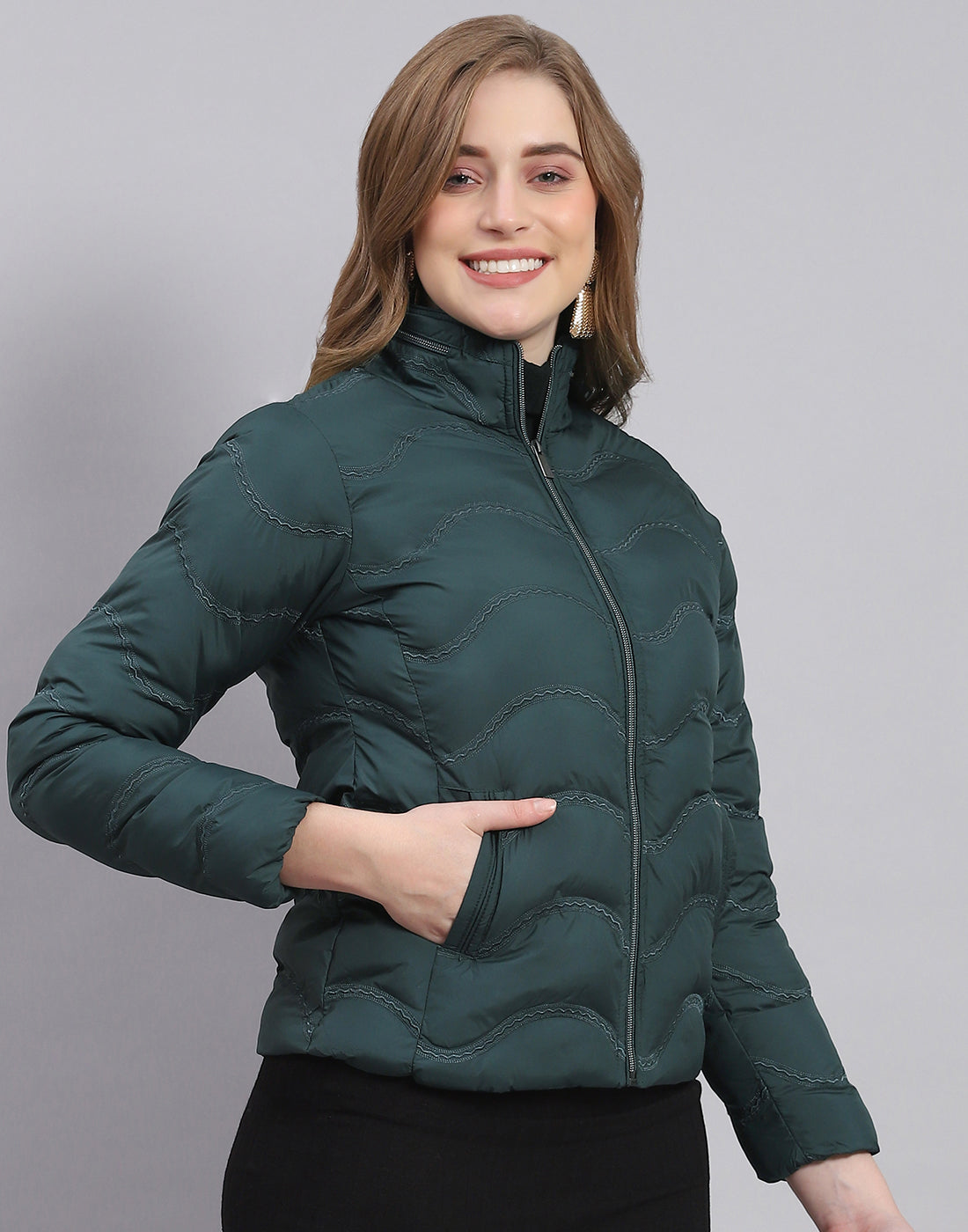 Women Teal Blue Solid Stand Collar Full Sleeve Jacket