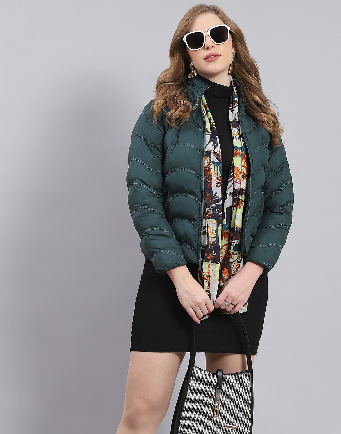 Women Teal Blue Solid Stand Collar Full Sleeve Jacket