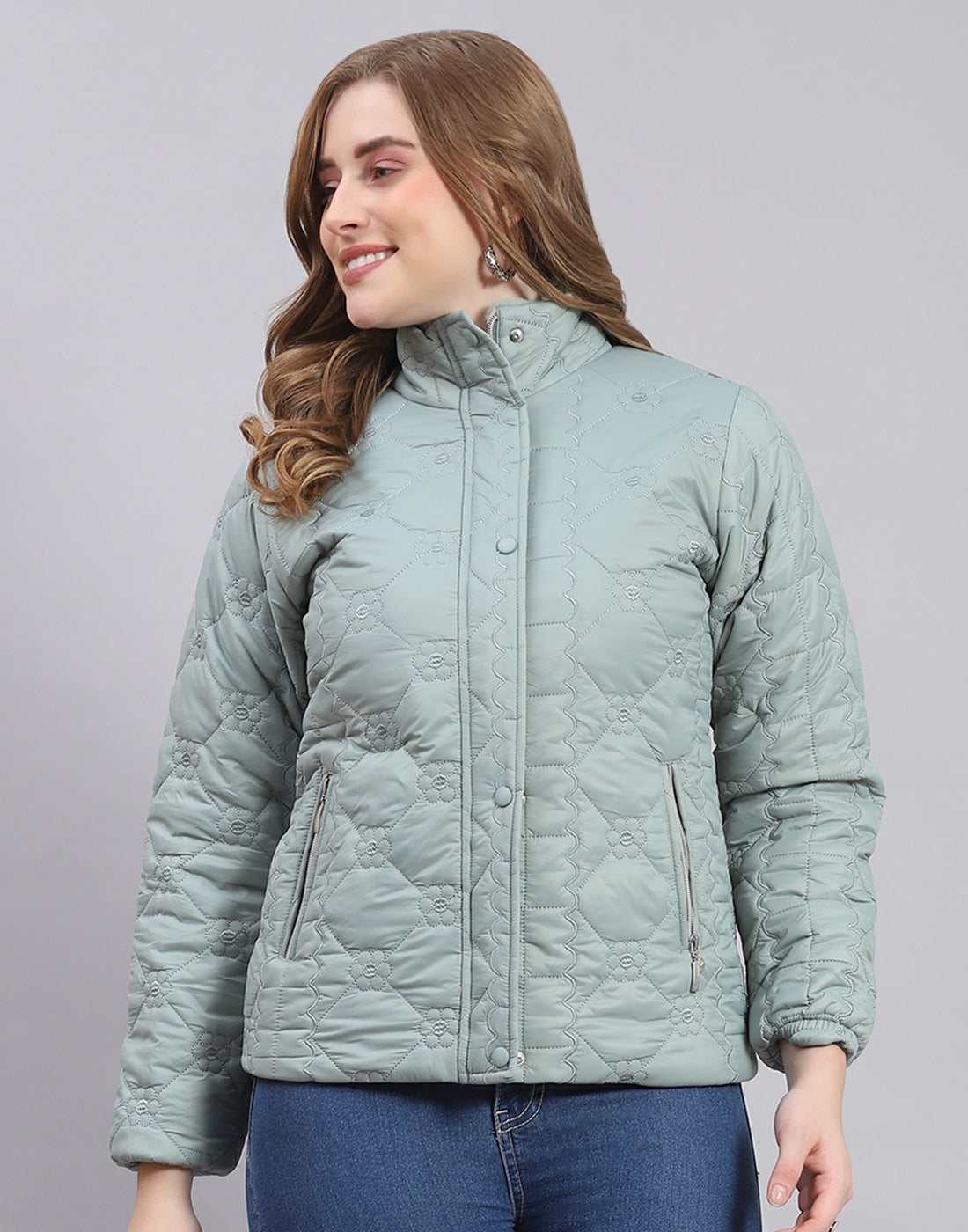 Women Green Embroidered Stand Collar Full Sleeve Jacket