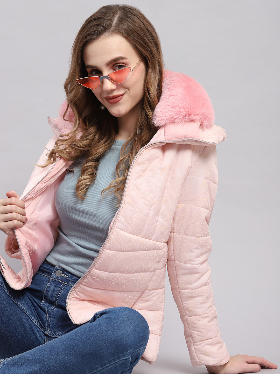 Women Pink Printed Spread Collar Full Sleeve Jackets