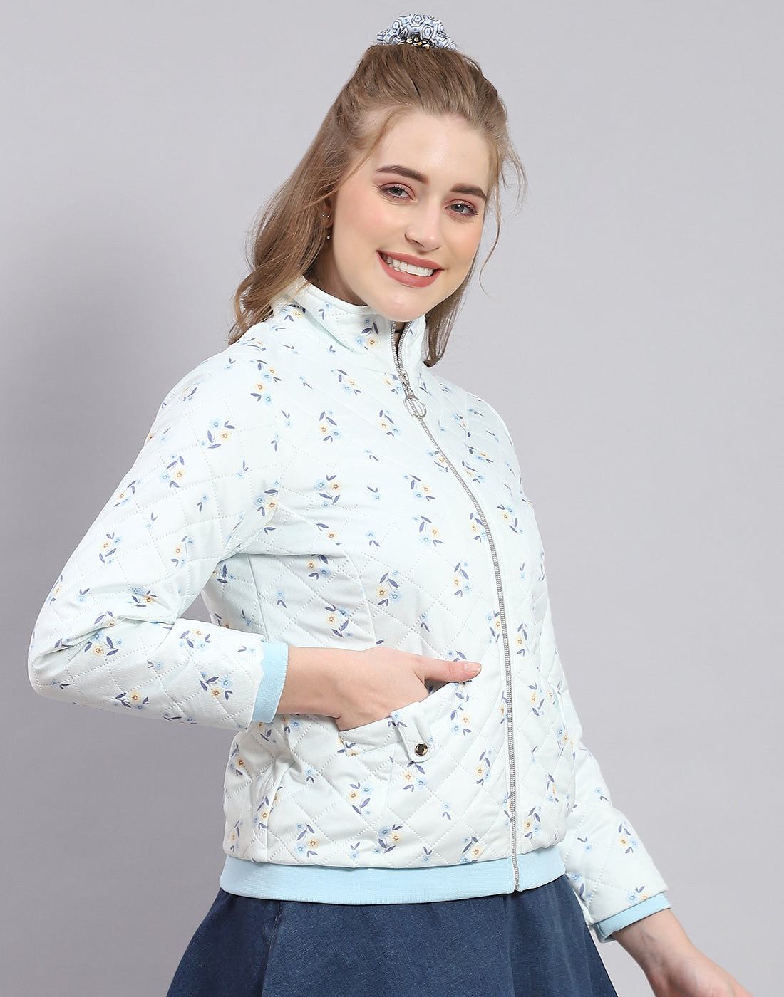 Women Blue Printed Stand Collar Full Sleeve Jacket