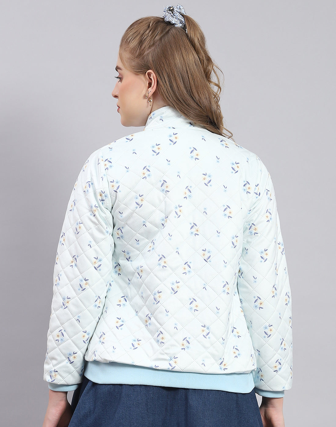 Women Blue Printed Stand Collar Full Sleeve Jacket