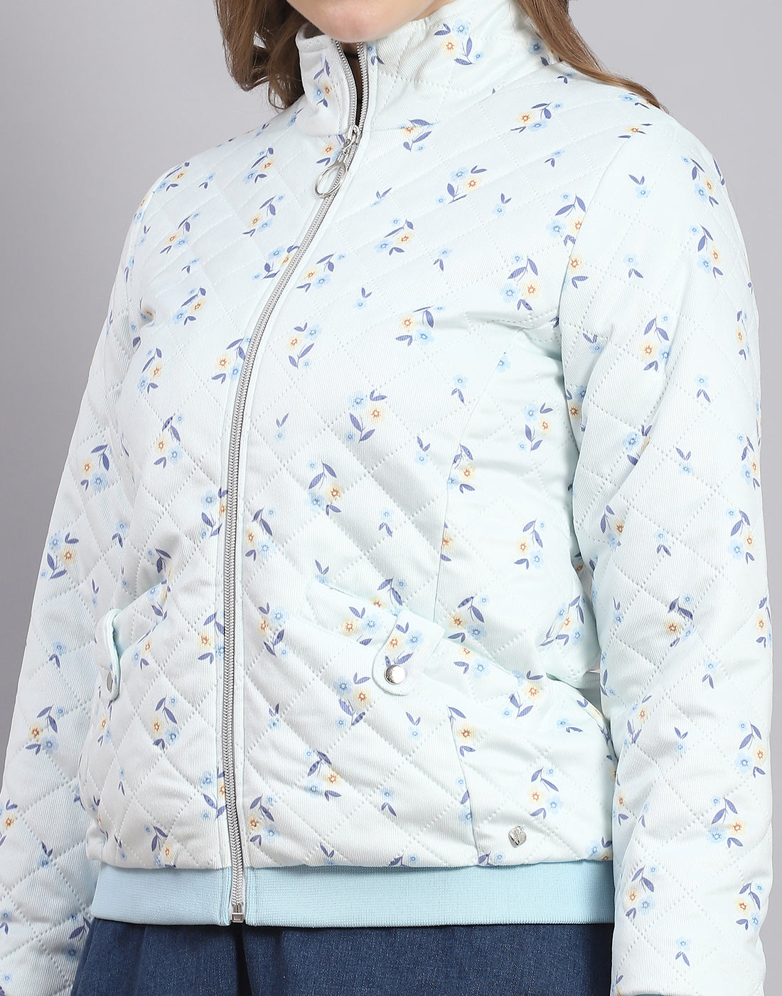 Women Blue Printed Stand Collar Full Sleeve Jacket