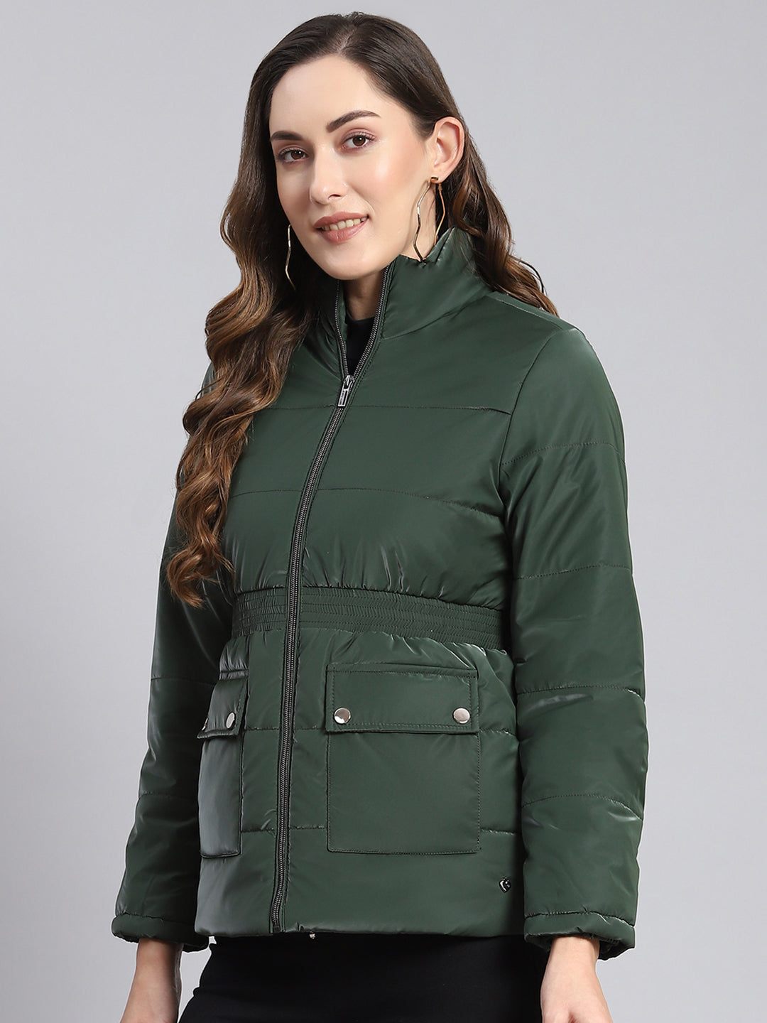 Women Green Solid Stand Collar Full Sleeve Jackets