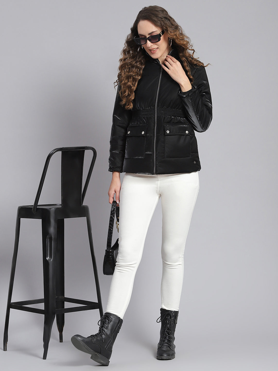 Women Black Solid Stand Collar Full Sleeve Jackets