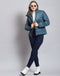 Women Teal Blue Solid Stand Collar Full Sleeve Jacket