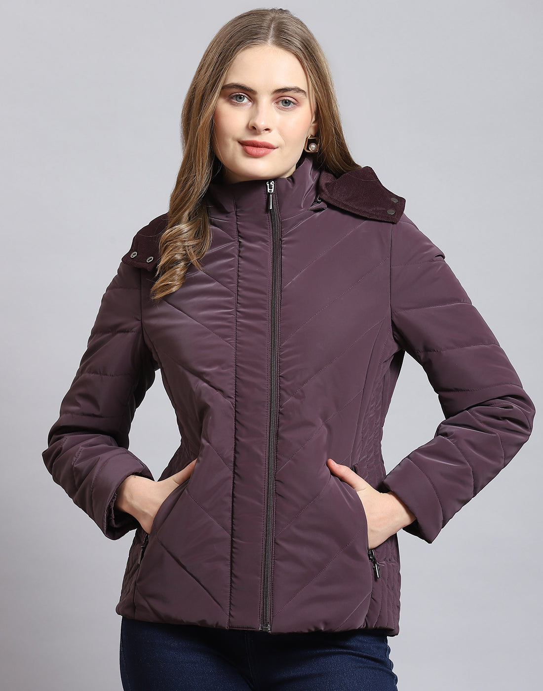 Women Purple Solid Hooded Full Sleeve Jacket