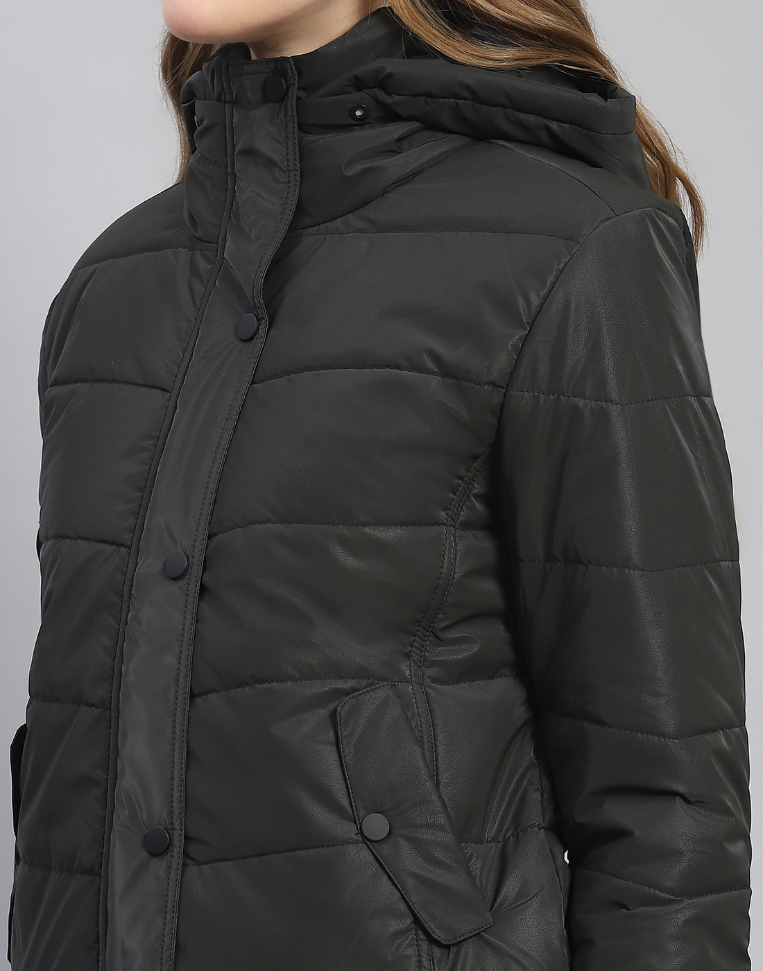 Women Olive Solid Hooded Full Sleeve Jacket