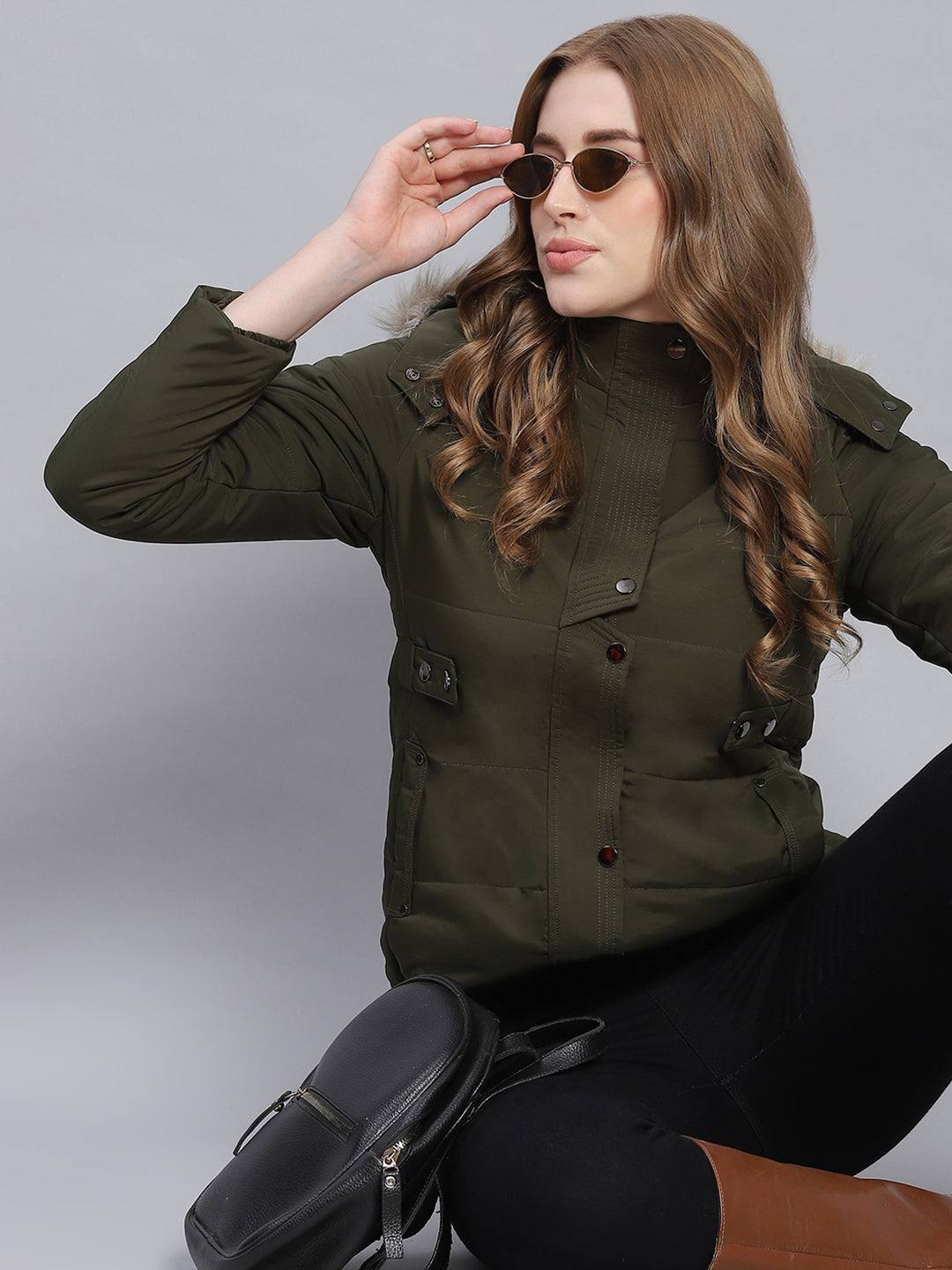 Women Olive Solid Hooded Full Sleeve Jackets