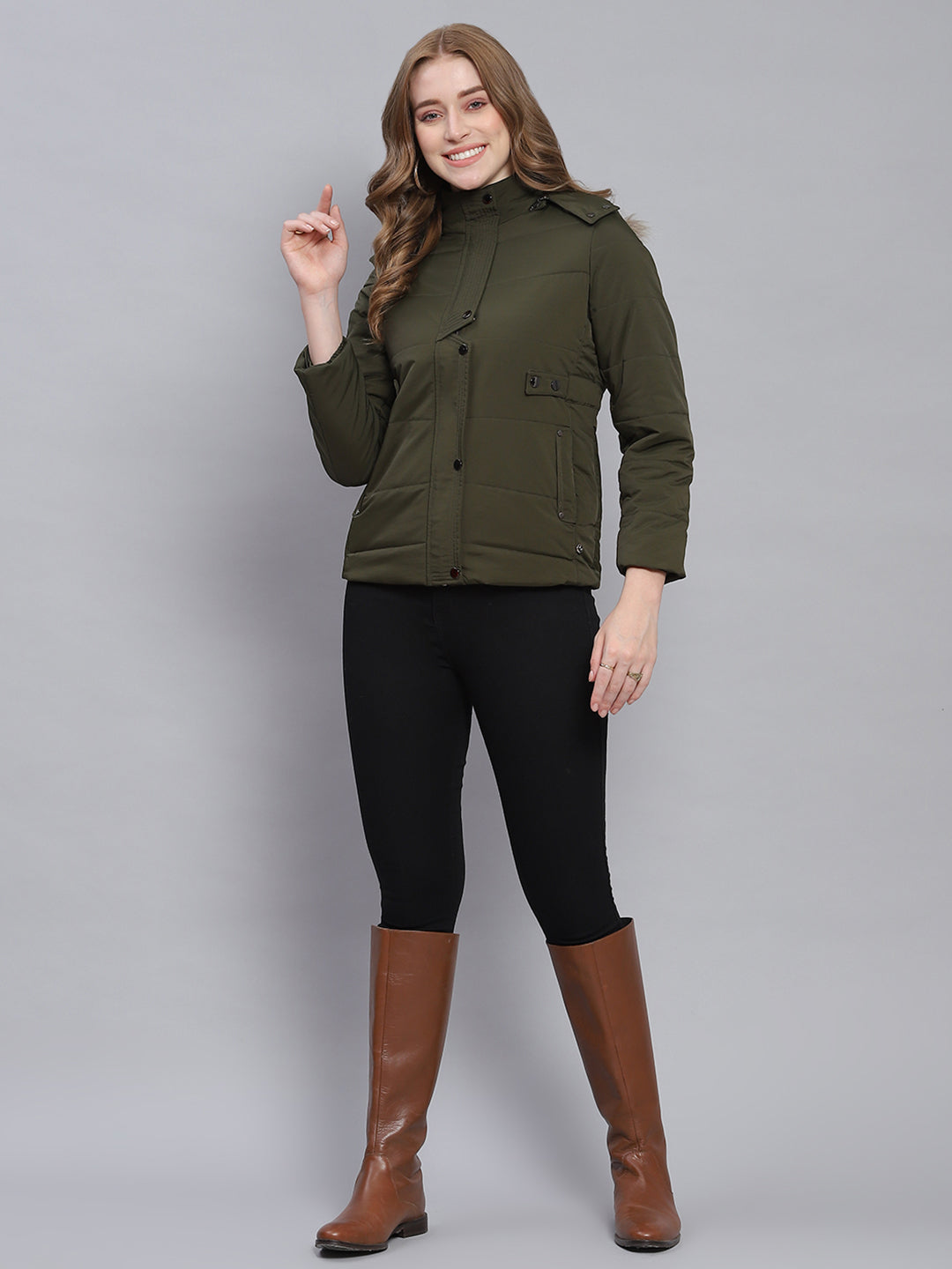 Women Olive Solid Hooded Full Sleeve Jackets